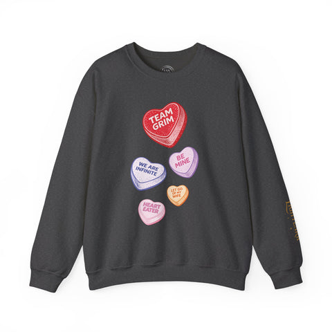 CANDY CAPSULE: TEAM GRIM CONVERSATION HEART SWEATSHIRT IN SHADOW