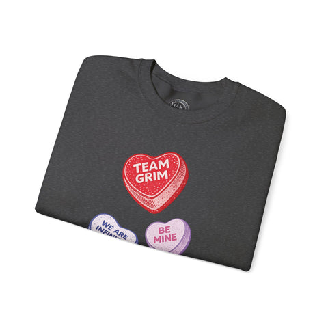 CANDY CAPSULE: TEAM GRIM CONVERSATION HEART SWEATSHIRT IN SHADOW